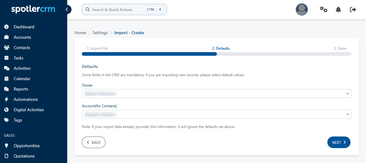 Set default values for the account import
