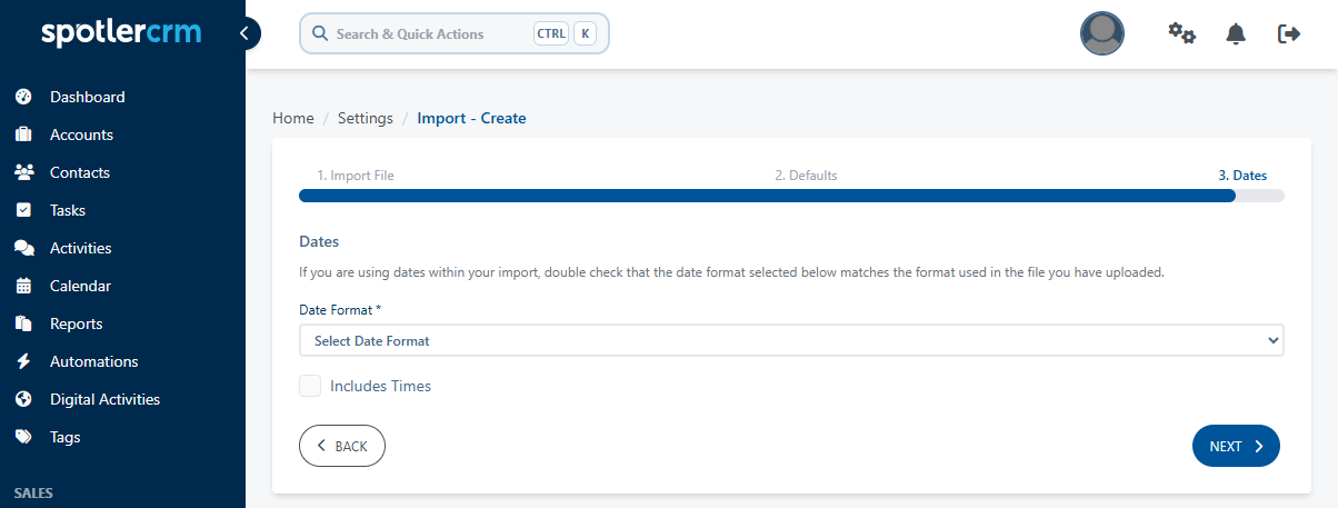 Select the date format for the import file