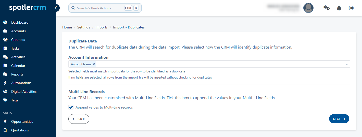 Select duplicate handling fields for the account import