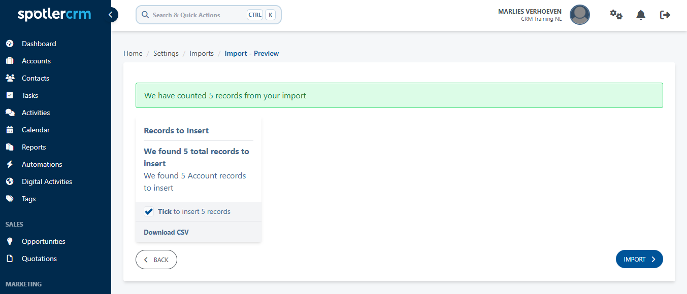 Review matched account records before import