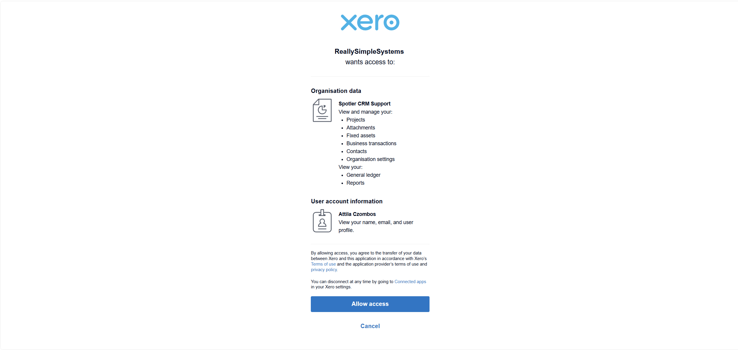 The Xero access request page showing the Allow access button