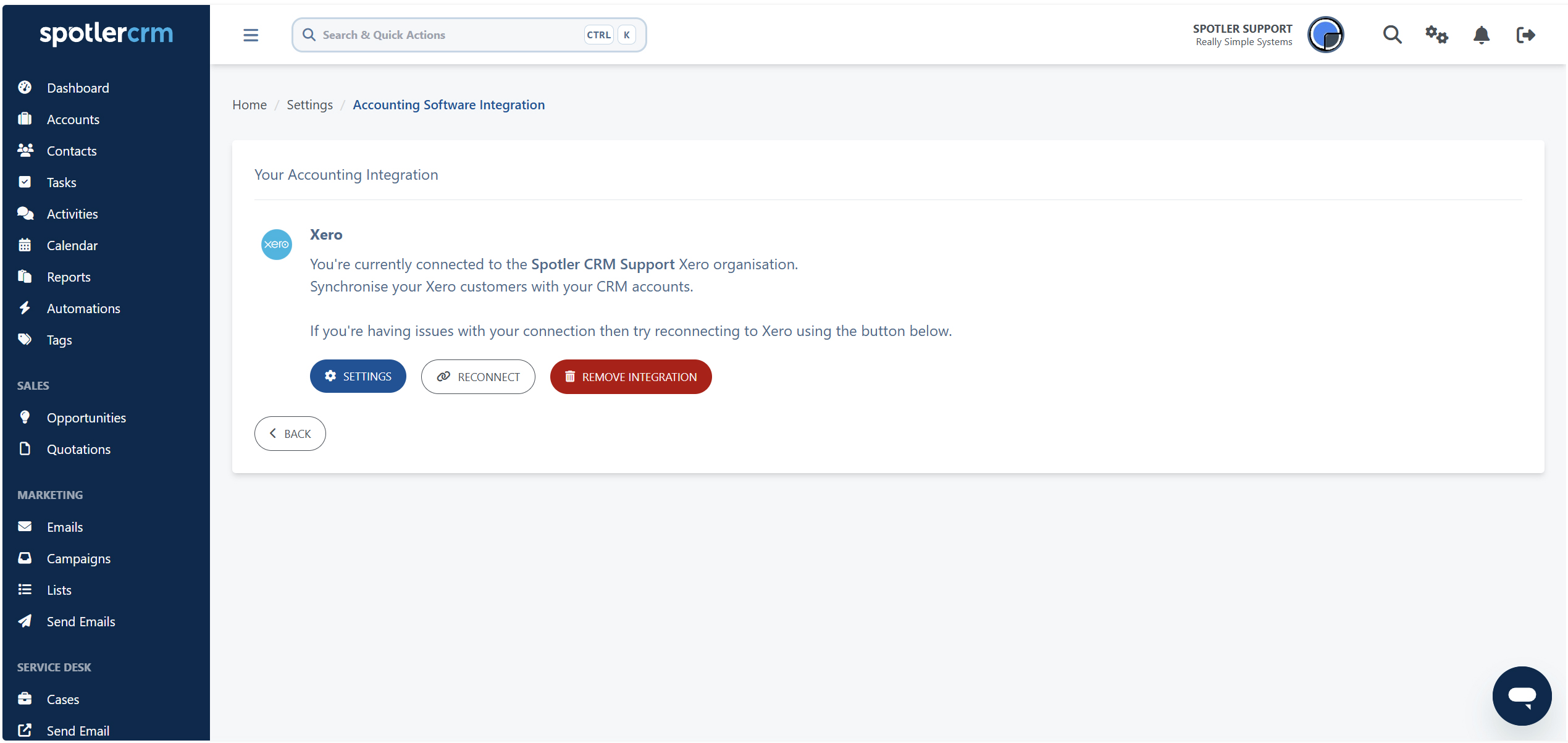 The Xero integration once enabled and connected