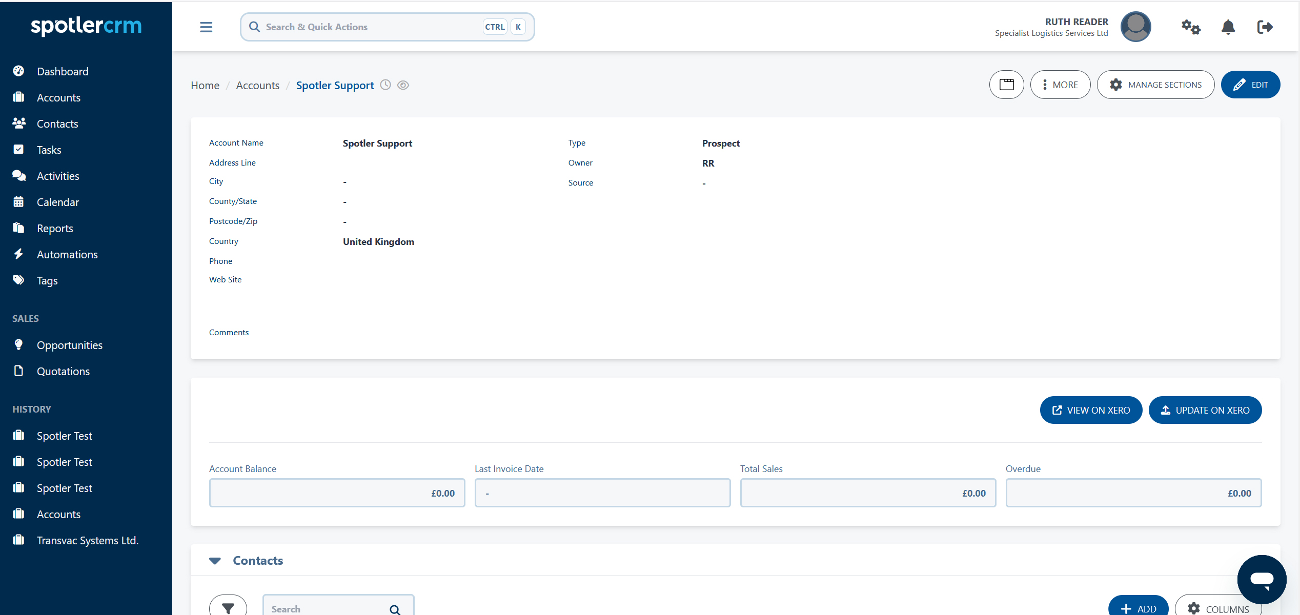 A Spotler CRM account page showing Xero account information and the View on Xero and Update on Xero buttons