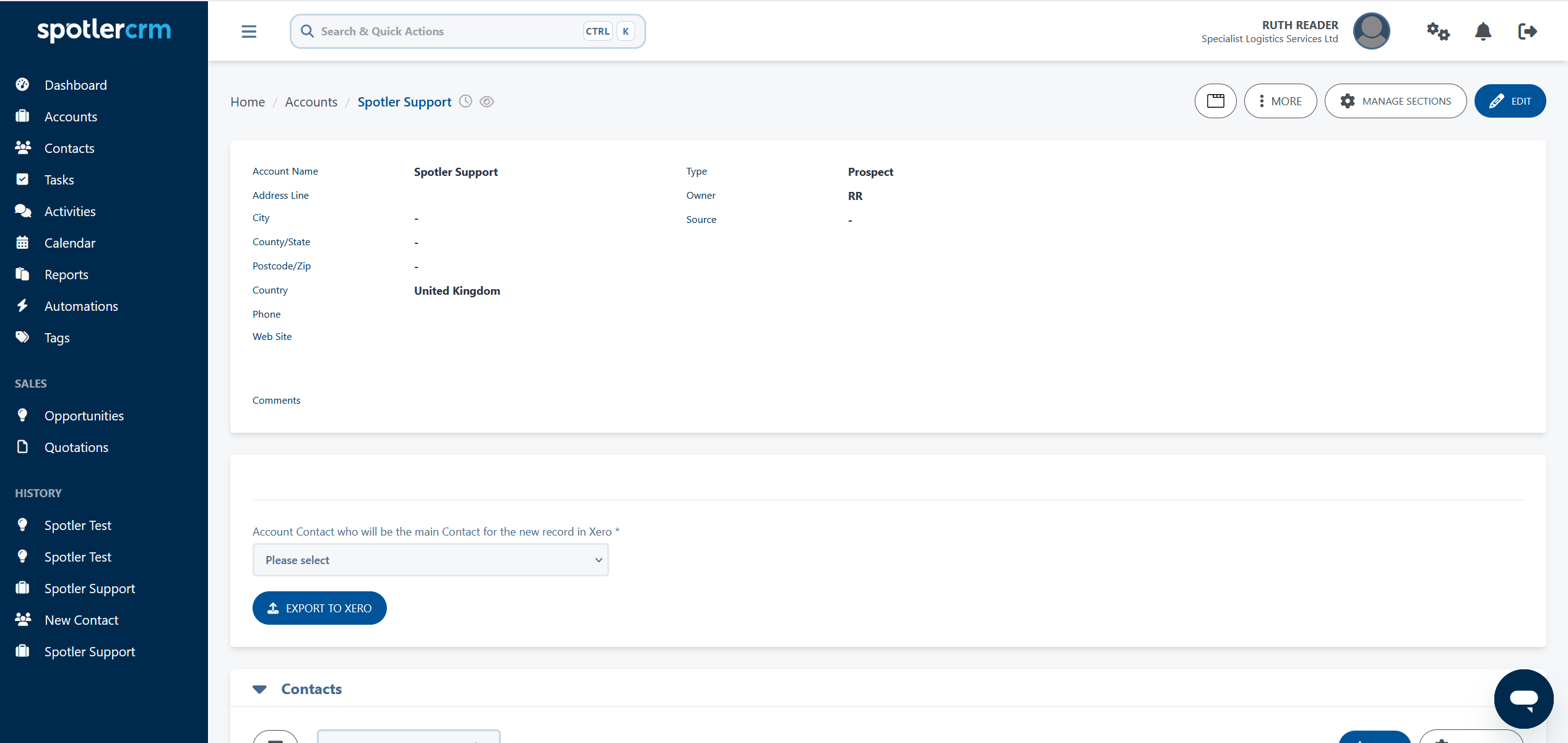 A Spotler CRM account page showing the contact selector and Export to Xero button