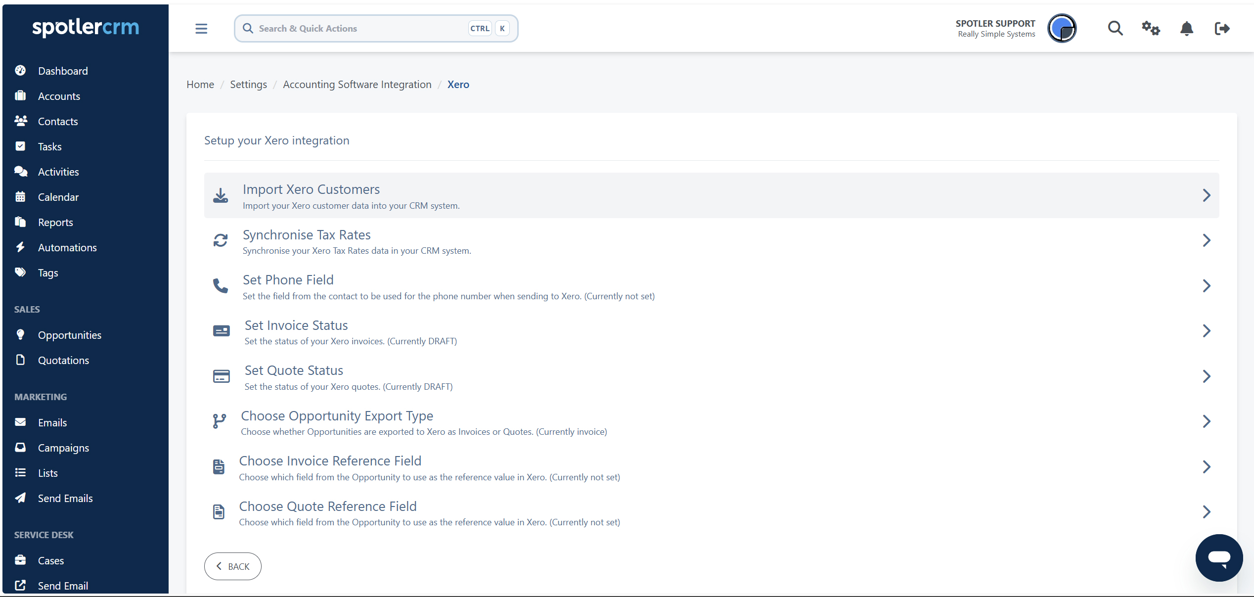 The connected Xero integration panel in Spotler CRM with the Settings button