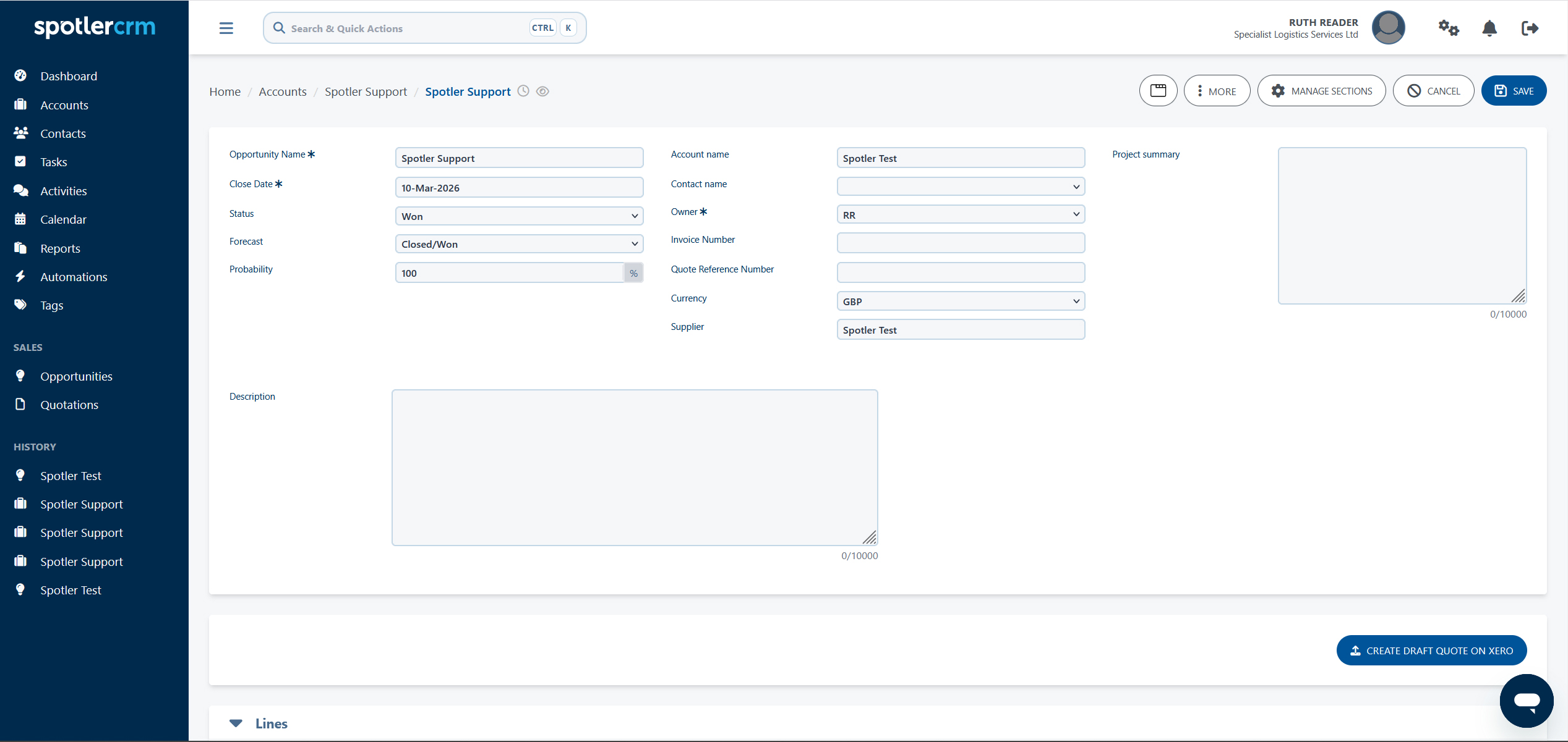 A Spotler CRM opportunity page showing the Create Draft Quote on Xero button.
