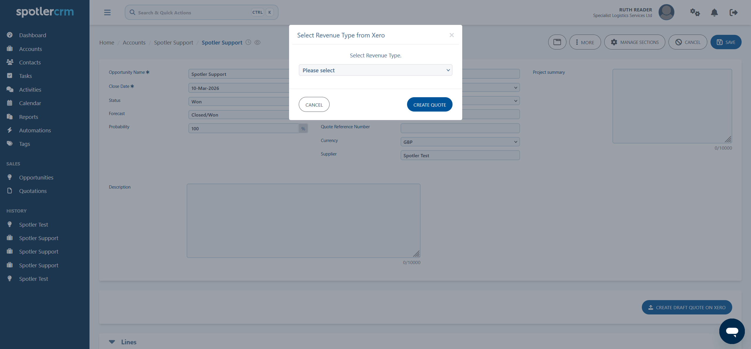 A Spotler CRM modal window for selecting the revenue type from Xero before creating a quote.