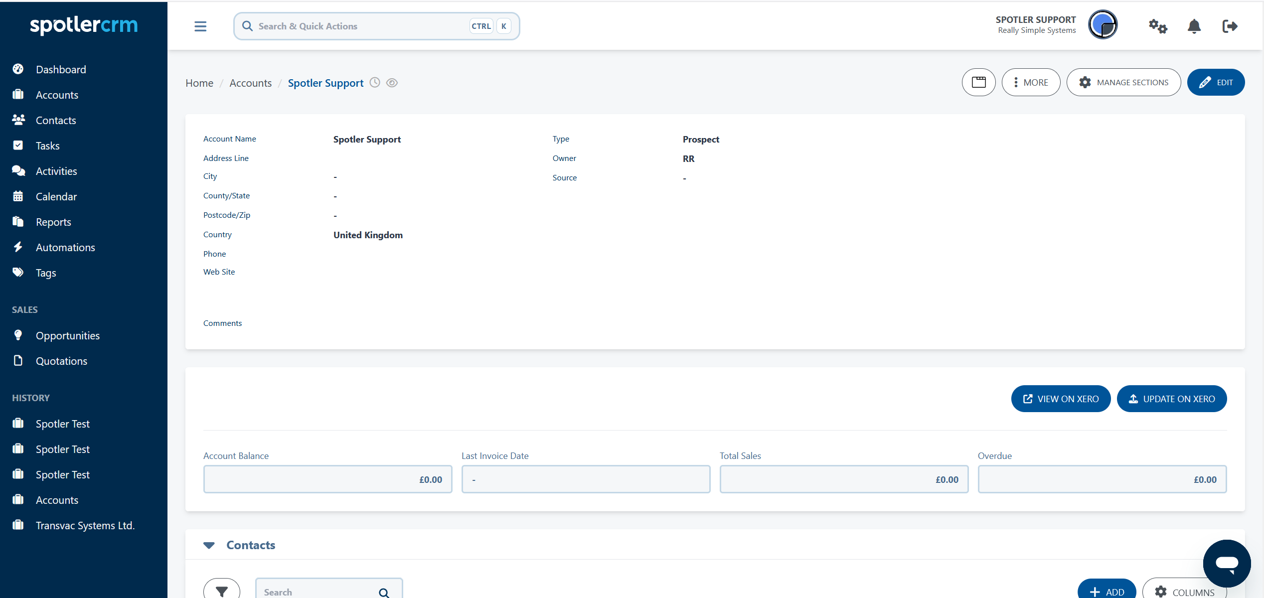A Spotler CRM account page showing Xero account information and the View on Xero and Update on Xero buttons