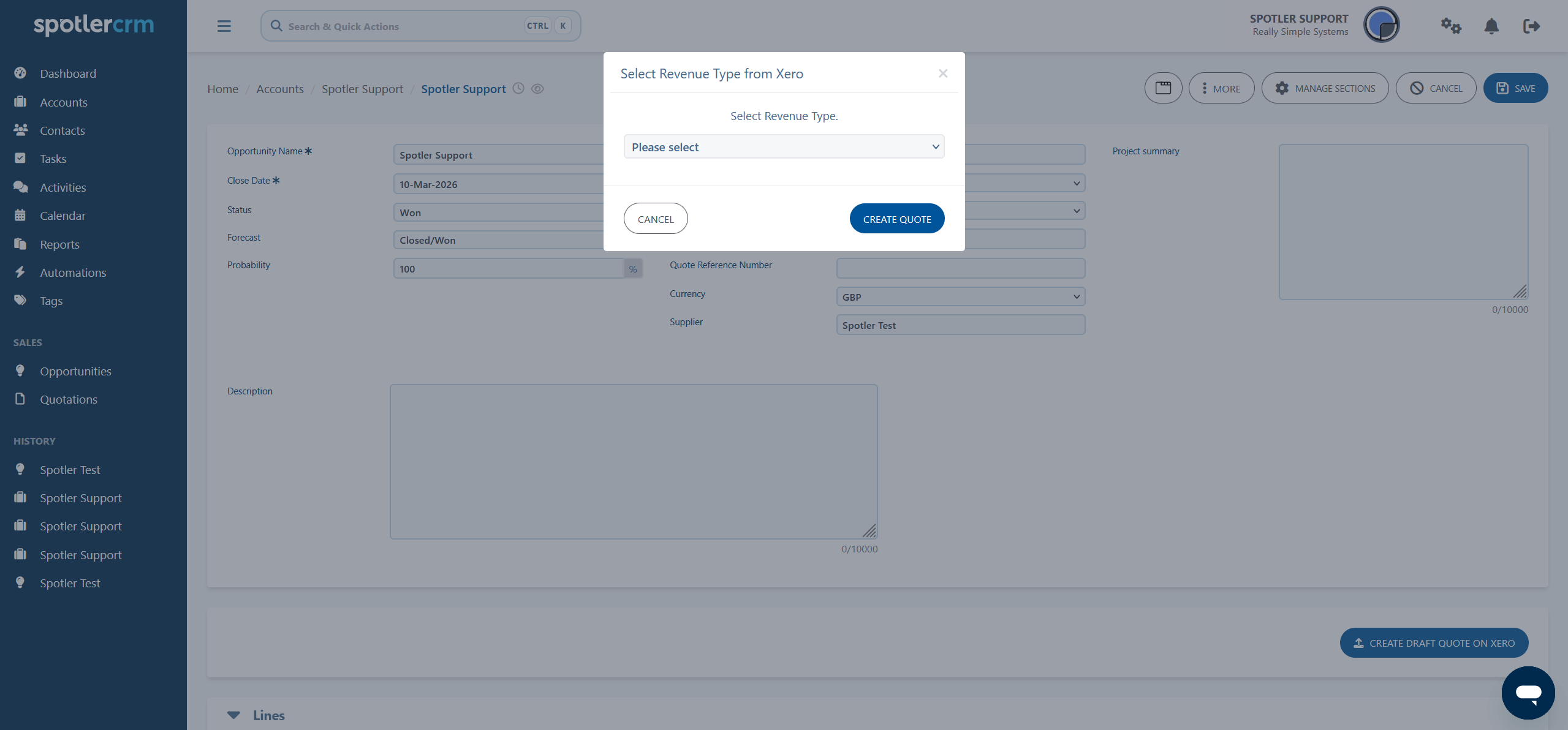 A Spotler CRM opportunity page showing the Create Draft Quote on Xero button.
